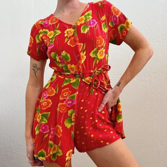 Vintage 1980/90's Red Floral Printed Button Up Playsuit Romper Dress - Picture 2 of 9